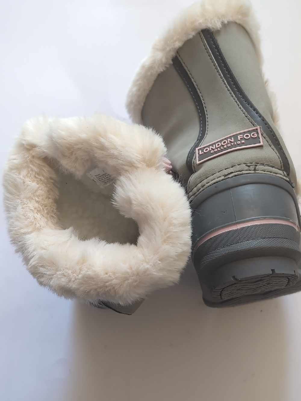 London Fog Kids Olive Winter Boots with Cream Faux Fur Trim